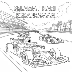 🇲🇾 大红花F1赛车超越其他赛车，国庆日主题填色图 🇬🇧 Merdeka hibiscus-themed F1 car overtaking other race cars coloring page