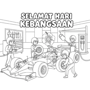 🇲🇾 F1赛车进站换轮胎和加油，国庆日大红花主题填色图 🇬🇧 Merdeka F1 car at pit stop for tire change and refueling coloring page