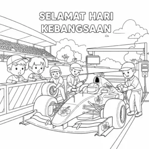 🇲🇾 F1赛车进站换轮胎和加油，国庆日大红花主题填色图 🇬🇧 Merdeka F1 car at pit stop for tire change and refueling coloring page