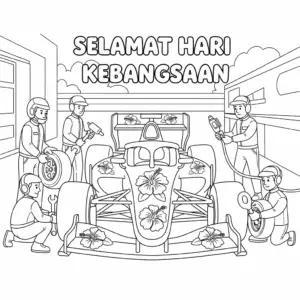 🇲🇾 F1赛车进站换轮胎和加油，国庆日大红花主题填色图 🇬🇧 Merdeka F1 car at pit stop for tire change and refueling coloring page