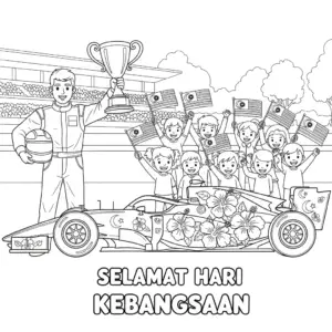 🇲🇾 F1冠军高举奖杯，小朋友挥国旗欢庆填色图 🇬🇧 F1 champion holding trophy with cheering kids and Malaysian flags coloring page