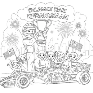 🇲🇾 F1冠军高举奖杯，小朋友挥国旗欢庆填色图 🇬🇧 F1 champion holding trophy with cheering kids and Malaysian flags coloring page