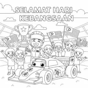 🇲🇾 F1冠军高举奖杯，小朋友挥国旗欢庆填色图 🇬🇧 F1 champion holding trophy with cheering kids and Malaysian flags coloring page