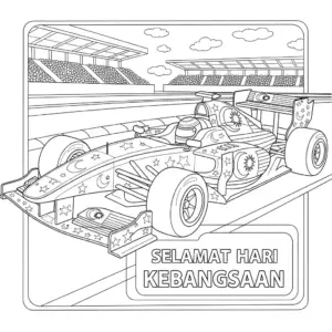 🇲🇾 国庆日主题大红花涂装F1赛车儿童填色图 🇬🇧 Merdeka-themed hibiscus-decorated F1 race car coloring page for kids