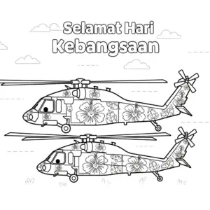 Two Black Hawk Helicopters with Hibiscus Theme Coloring Page | 双黑鹰直升机大红花涂装填色图