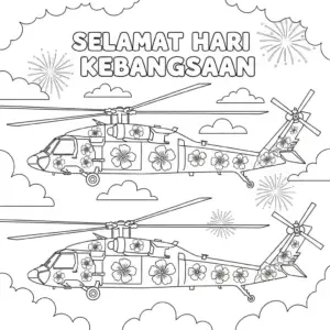 Two Black Hawk Helicopters with Hibiscus Theme Coloring Page | 双黑鹰直升机大红花涂装填色图