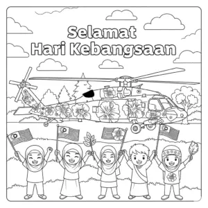 Black Hawk Helicopter and Kids Waving Flags Coloring Page | 黑鹰直升机与挥旗小朋友国庆填色图