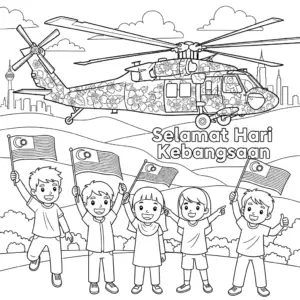 Black Hawk Helicopter and Kids Waving Flags Coloring Page | 黑鹰直升机与挥旗小朋友国庆填色图