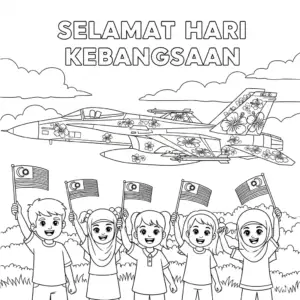 F18 with Hibiscus Theme and Children Waving Flags Coloring Page | F18 战斗机与挥旗小朋友国庆填色图