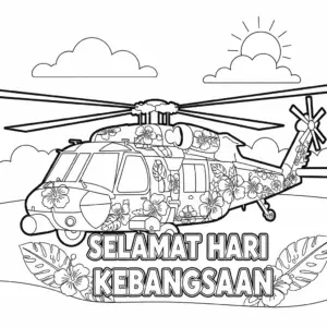 Hibiscus-Themed Black Hawk Helicopter Coloring Page | 国庆大红花黑鹰直升机填色图