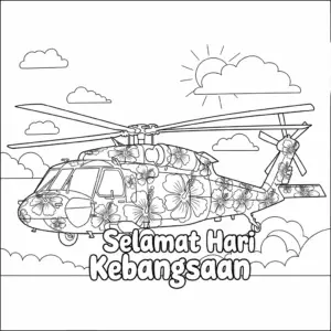 Hibiscus-Themed Black Hawk Helicopter Coloring Page | 国庆大红花黑鹰直升机填色图