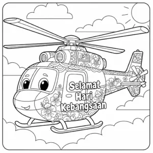 Helicopter with National Day Hibiscus Paint Theme Coloring Page | 国庆大红花普通直升机填色图