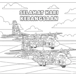 Twin Hibiscus-Themed Transport Planes for Merdeka Coloring Page | 国庆双运输机大红花涂装填色图