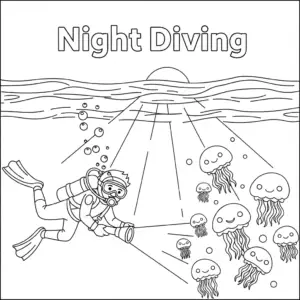 night scuba diving coloring page with glowing jellyfish | 夜间潜水观察发光水母儿童填色图