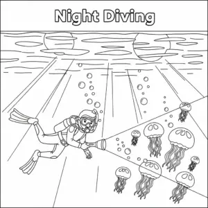 night scuba diving coloring page with glowing jellyfish | 夜间潜水观察发光水母儿童填色图