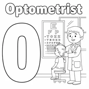 Optometrist coloring page with big letter O and eye chart