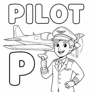 Pilot coloring page with big letter P and airplane