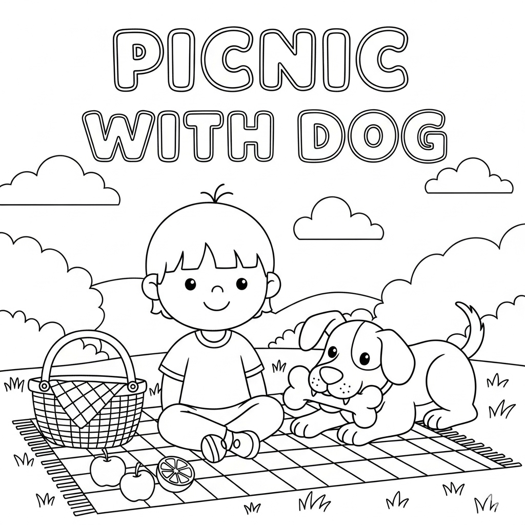 Picnic with dog coloring page, child sharing picnic with a dog, friendly outdoor family time 野餐與狗填色圖,家庭戶外時光素材