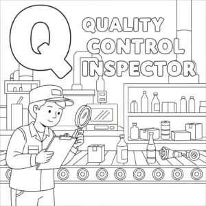Quality Control Inspector coloring page with big letter Q and factory scene