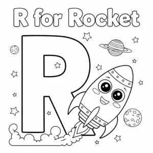 Letter R for Rocket coloring page – Cute cartoon rocket with stars and planets