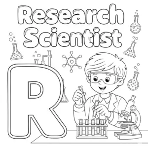 Research Scientist coloring page with big letter R and lab scene