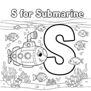 Letter S for Submarine coloring page – Cartoon submarine underwater with fish, bubbles, coral