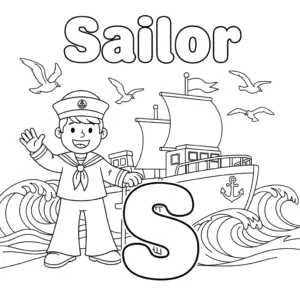 Sailor coloring page with big letter S and ship