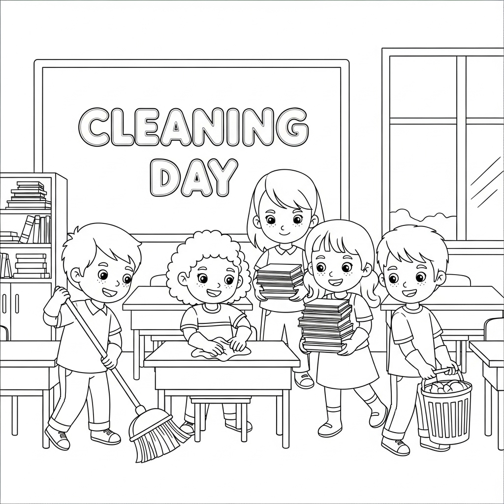 School cleaning classroom 学校打扫教室填色页