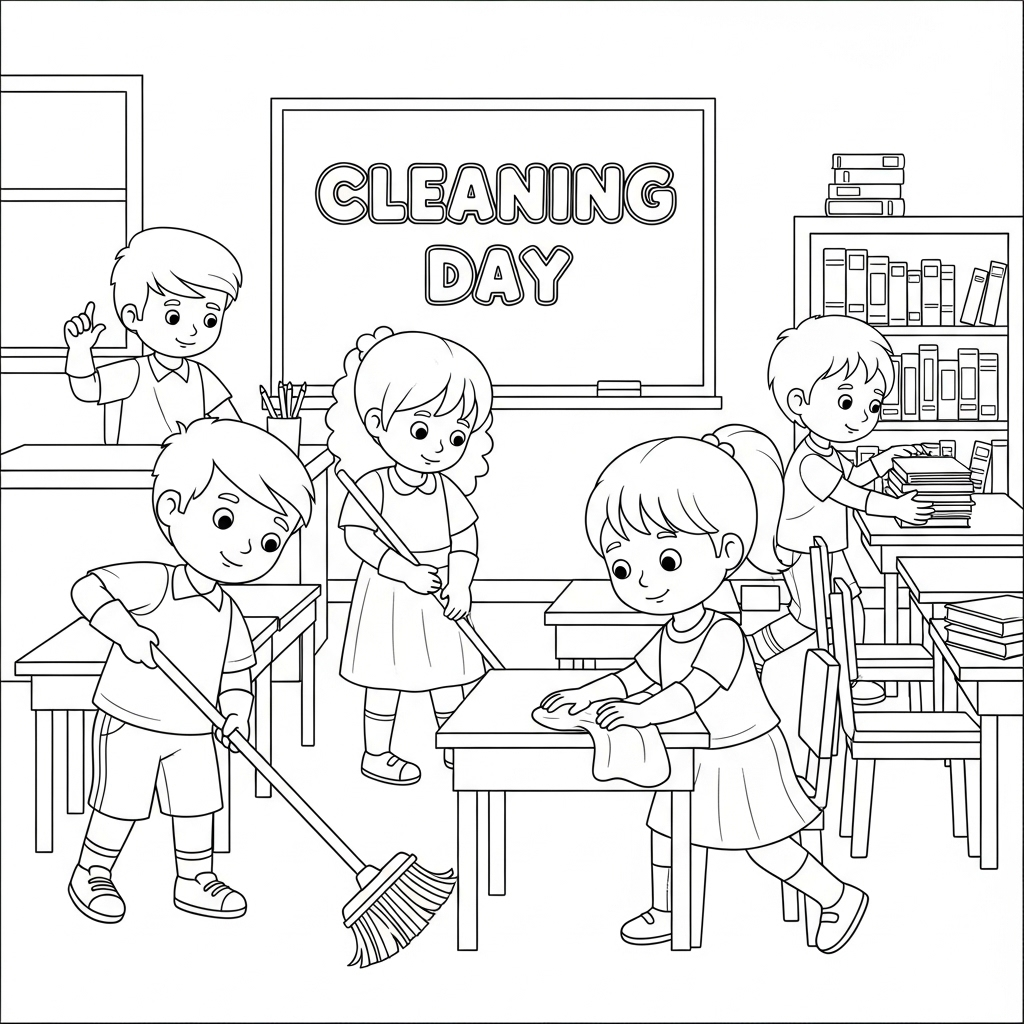 School cleaning classroom 学校清理教室填色页