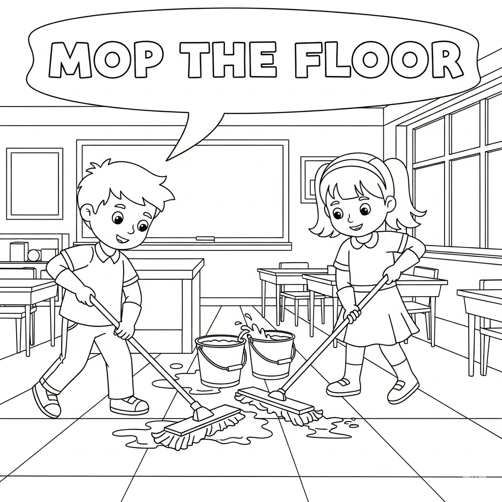 Mopping school floor 拖地板填色页