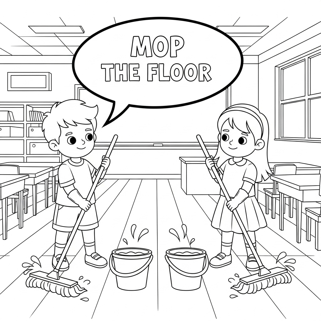 Mopping classroom floor 拖地教室填色页