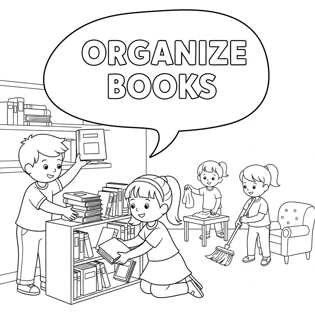 Organizing library books 整理图书馆书籍填色页