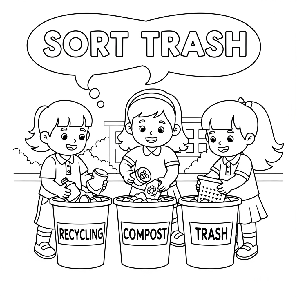 Sorting school waste 分类学校垃圾填色页