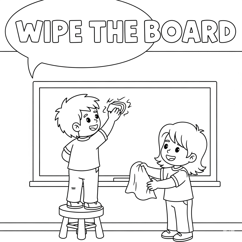Cleaning classroom blackboard 清洁黑板填色页