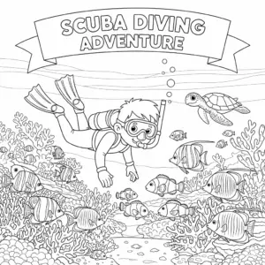 kids scuba diving coloring page exploring coral reef with tropical fish and sea turtle | 儿童珊瑚礁潜水填色图