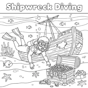 kids scuba diving shipwreck coloring page with treasure chest | 儿童沉船探险潜水填色图