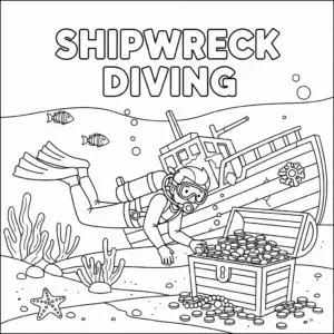 kids scuba diving shipwreck coloring page with treasure chest | 儿童沉船探险潜水填色图