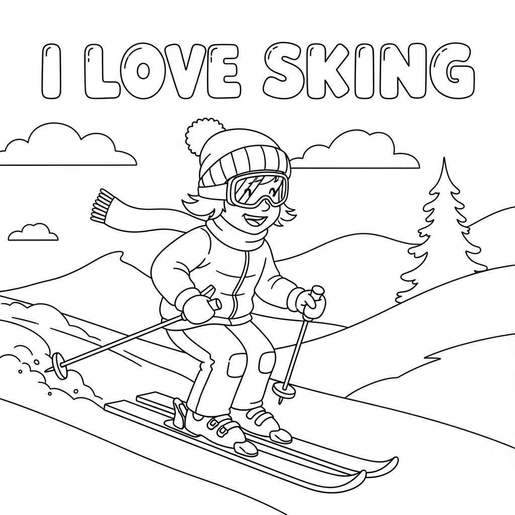 Child skiing happily – 儿童开心滑雪填色页