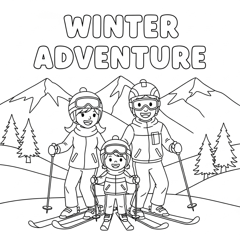 Family skiing together – 家庭一起滑雪填色页