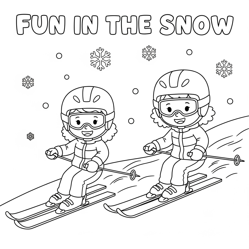 Two kids playing in snow – 两小孩玩雪填色页