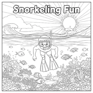 snorkeling coloring page with tropical fish and coral for kids | 儿童浮潜热带鱼填色图