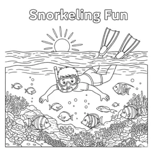 snorkeling coloring page with tropical fish and coral for kids | 儿童浮潜热带鱼填色图