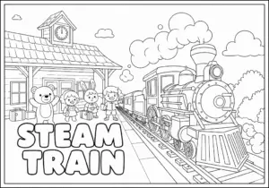 Steam train arriving at station with children and animals waiting.