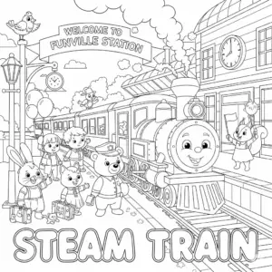 Steam train arriving at station with children and animals waiting.