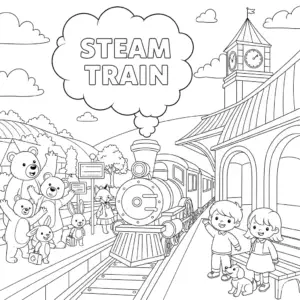 Steam train arriving at station with children and animals waiting.