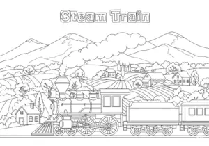 Steam train driving through hills, trees, and country houses.