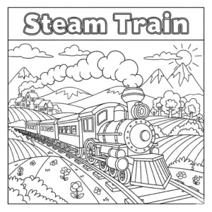 Steam train driving through hills, trees, and country houses.