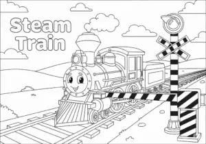Steam train at railway crossing with safety signals and barrier.