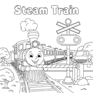 Steam train at railway crossing with safety signals and barrier.