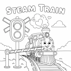 Steam train at railway crossing with safety signals and barrier.